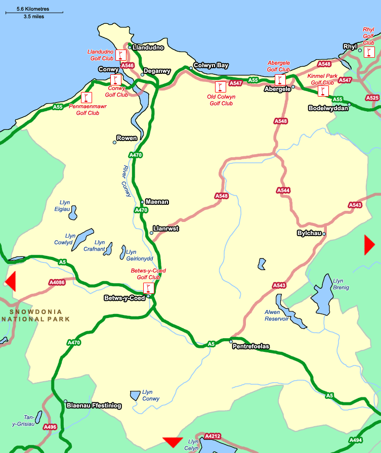 Golf Map of Conwy. Move the cursor over the attractions and towns 