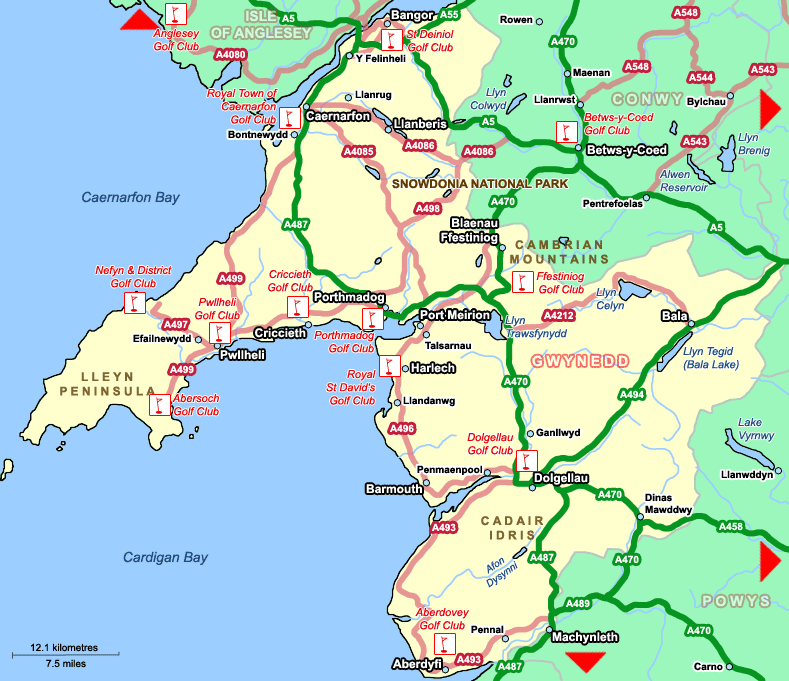 Golf Map of Snowdonia and Gwynedd. Move the cursor over the attractions, towns and Golf courses